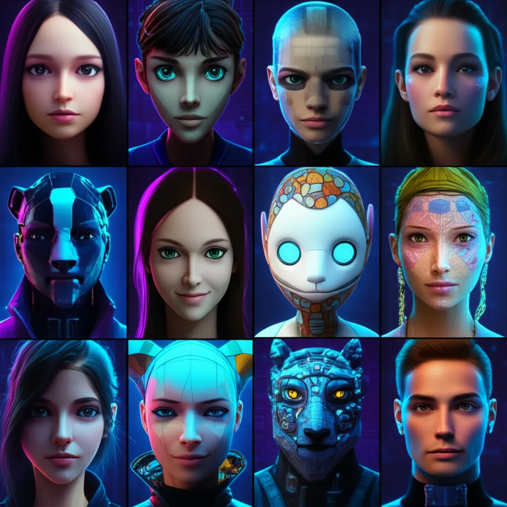 Коллаж, в котором представлены 12 генераторов ИИ аватаров 2025, демонстрирующий различные стили.