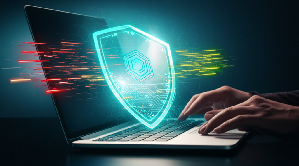 Цифровой щит, символизирующий 19 лучших -сервисов для защиты конфиденциальности, оберегает пользователя от потоков данных.