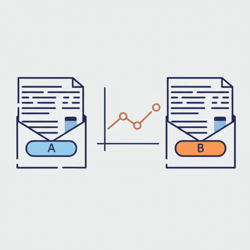 Инфографика, иллюстрирующая A/B тестирование кампаний электронной почты с двумя вариантами письма и графиком роста метрик.
