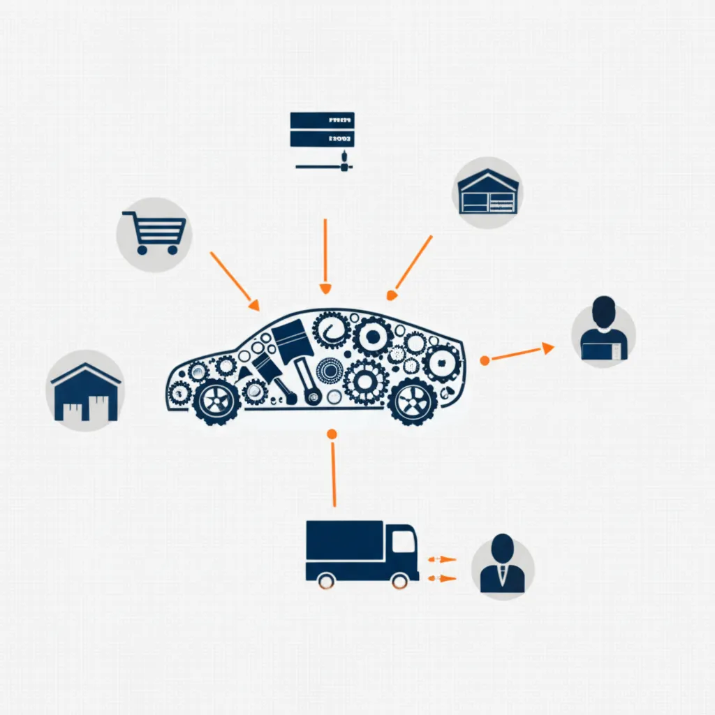 Детальная инфографика, объясняющая abcp что это: схема автоматизации интернет-магазина автозапчастей.