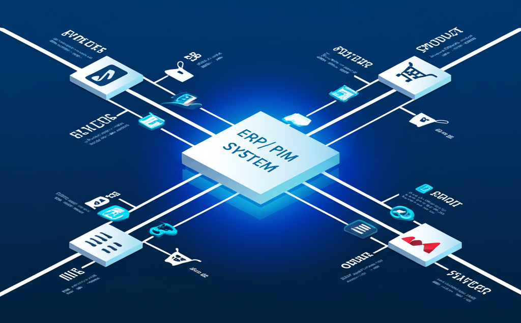 Схематичное изображение, где adapter маркетплейсы соединяет учетную систему бизнеса с иконками торговых площадок.