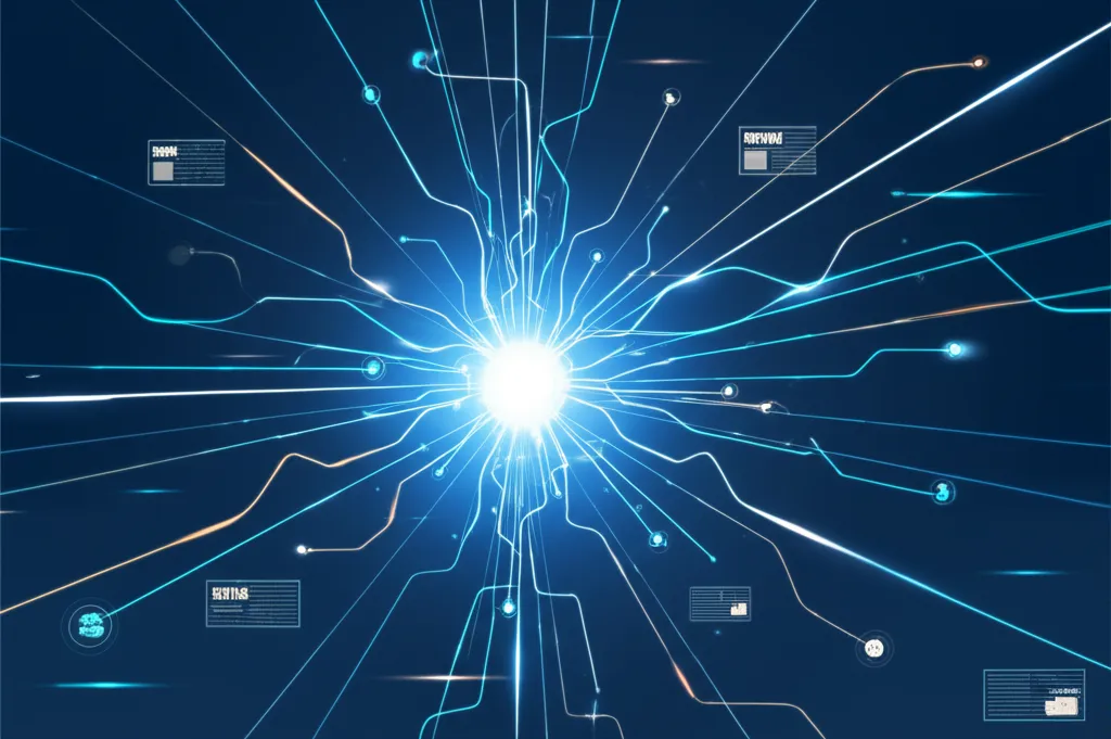 Абстрактная визуализация, где Агрегация новостных лент, финансовых сводок (news feed aggregation) представлена как сбор данных в единый центр.