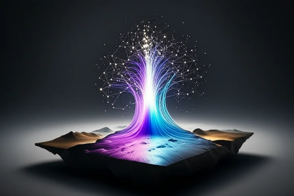 Абстрактная визуализация нейронной сети, создающей цифровое искусство, демонстрирующая работу AI генераторы изображений.