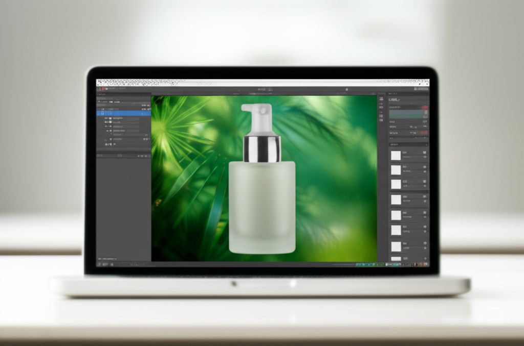 Инновационные AI инструменты для фото продуктов e-commerce, создающие фон для товара на экране ноутбука