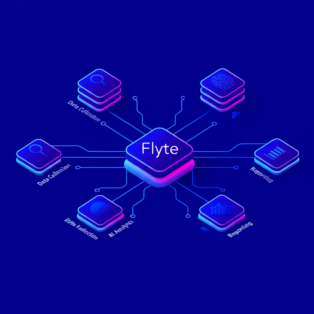 Схематичное изображение ai workflow для seo анализа в flyte, показывающее автоматизацию процессов.