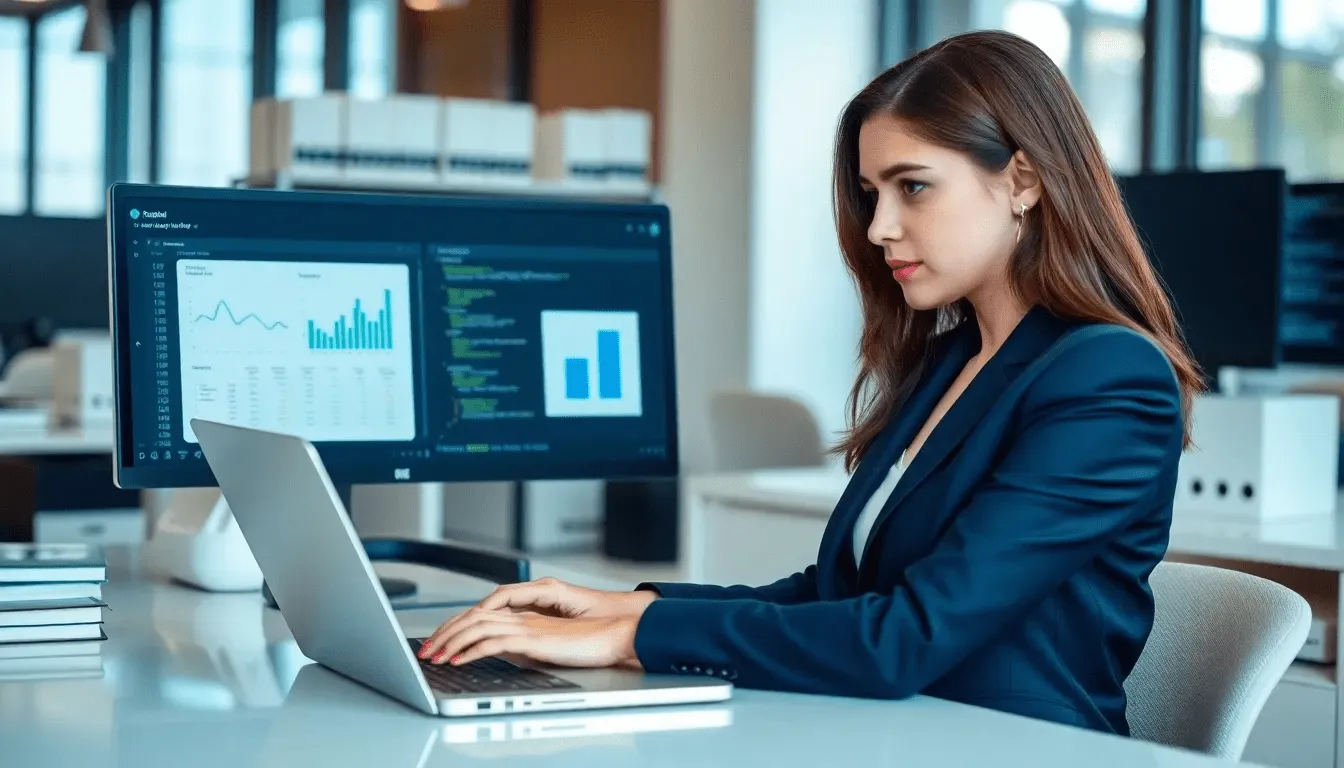 Аналитик использует парсинг данных для агентства, работающий за компьютером.