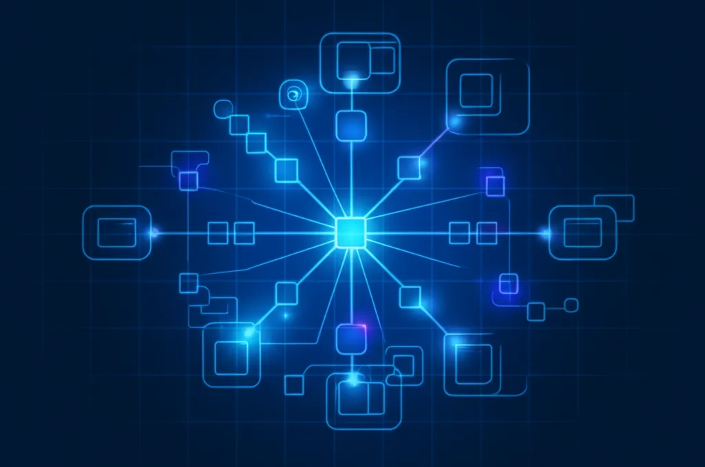 Схематичное изображение процесса: анализ структуры сайтов, автоматическое выявление шаблонов страниц в виде связанных блоков.