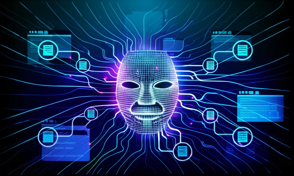 Анонимность и антибан-защита с помощью прокси, User-Agent’ов: концептуальное изображение цифровой маски и потоков данных.