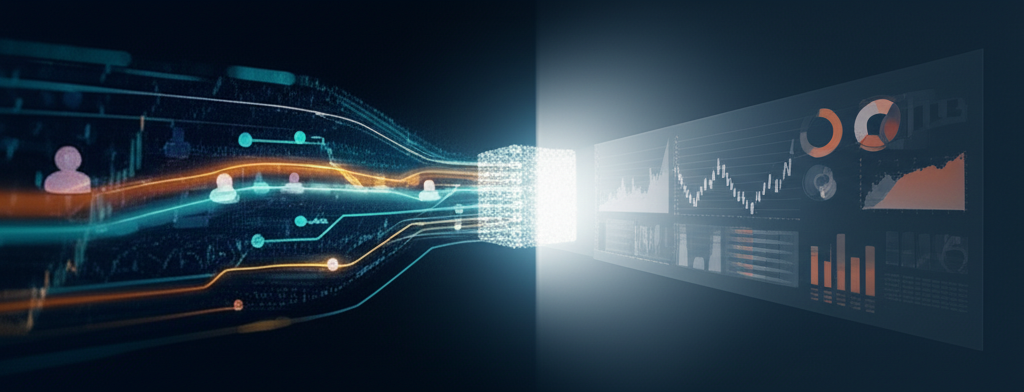 Визуализация архитектура интеграции данных: потоки информации из разных источников объединяются в единый аналитический центр.