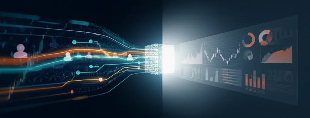 Визуализация архитектура интеграции данных: потоки информации из разных источников объединяются в единый аналитический центр.