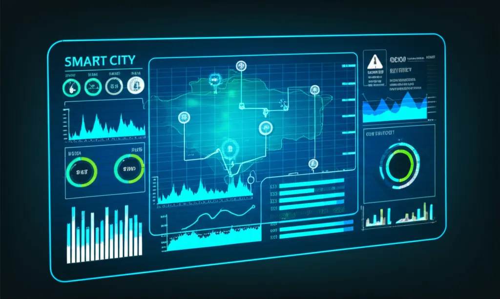 Инфографика, иллюстрирующая сложную архитектура веб-приложений для мониторинга коммунальных служб с серверами и потоками данных.