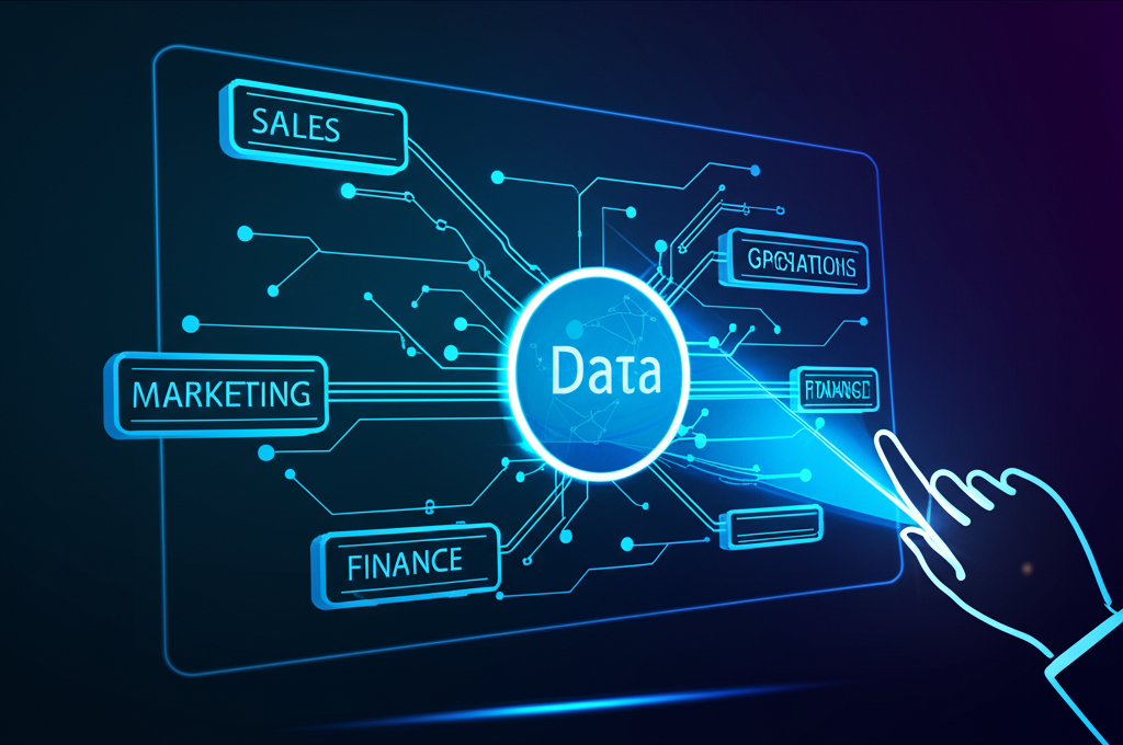 Инфографика, иллюстрирующая процесс, как автоматизация отчетов для стратегических решений собирает данные для анализа.