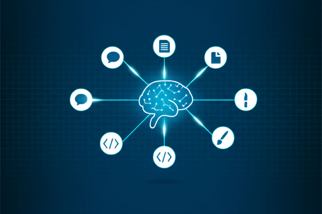 Схематичное изображение, иллюстрирующее концепцию aws bedrock: foundation models как api, где центральная нейросеть соединена с иконками приложений.