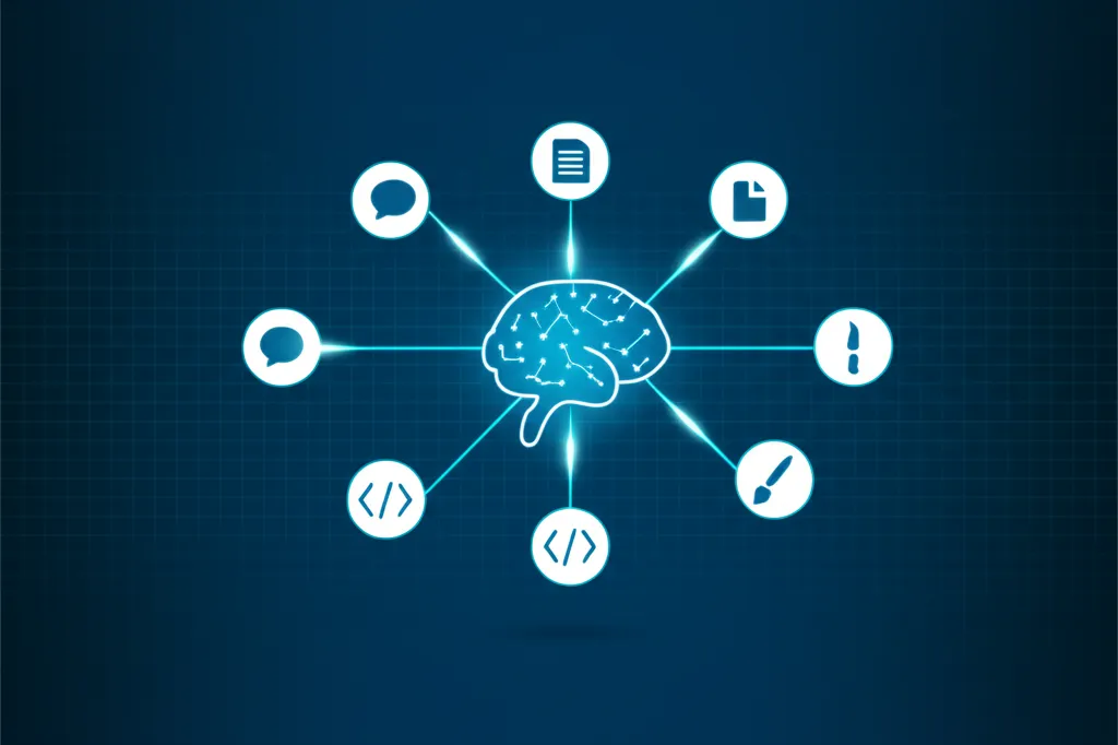 Схематичное изображение, иллюстрирующее концепцию aws bedrock: foundation models как api, где центральная нейросеть соединена с иконками приложений.