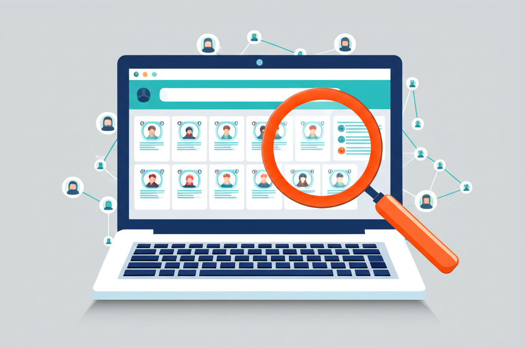 Иллюстрация, демонстрирующая бесплатные функции LinkedIn для рекрутинга: поиск кандидатов через интерфейс и построение сети контактов.