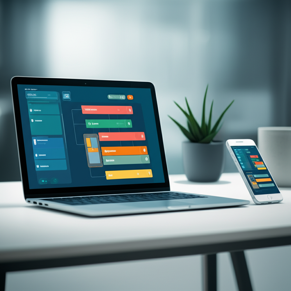 Обзор: бесплатные инструменты разработки мобильных приложений для начинающих 2025 на экране ноутбука.