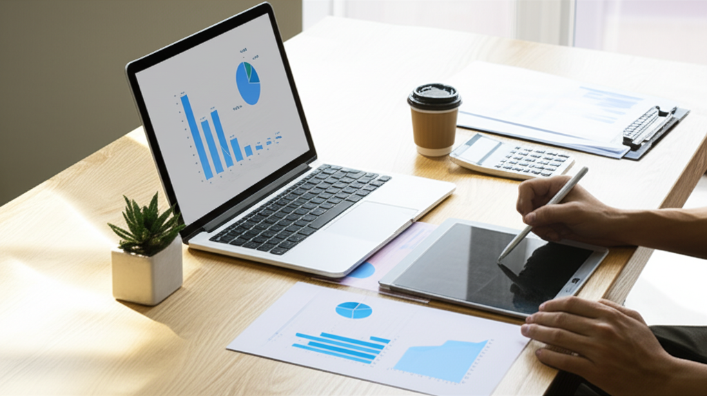 Рабочий стол предпринимателя, на котором происходит бюджетирование для малого бизнеса с помощью ноутбука и графиков.