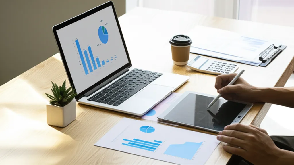 Рабочий стол предпринимателя, на котором происходит бюджетирование для малого бизнеса с помощью ноутбука и графиков.