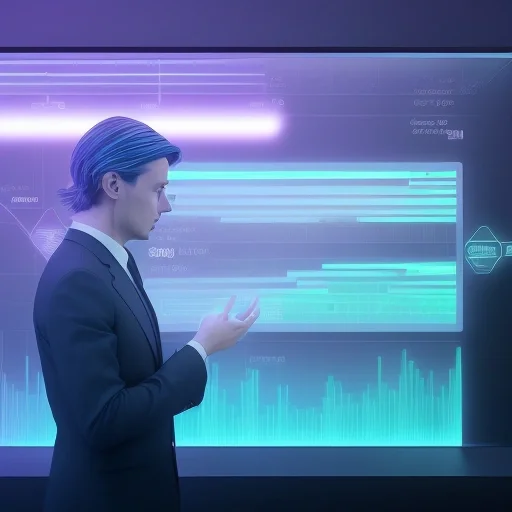 Современный офис будущего, в котором Аналитика данных отчёты представлены в виде интерактивных 3D голограмм и графиков.