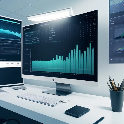 Процесс использования Аналитика данных tableau для визуализации сложных бизнес-показателей на современном мониторе в офисе.