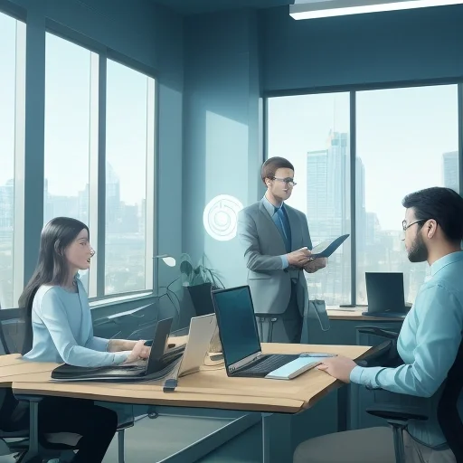 Современный офис, где Автоматизация hr помогает команде анализировать данные о кандидатах через голографические интерфейсы