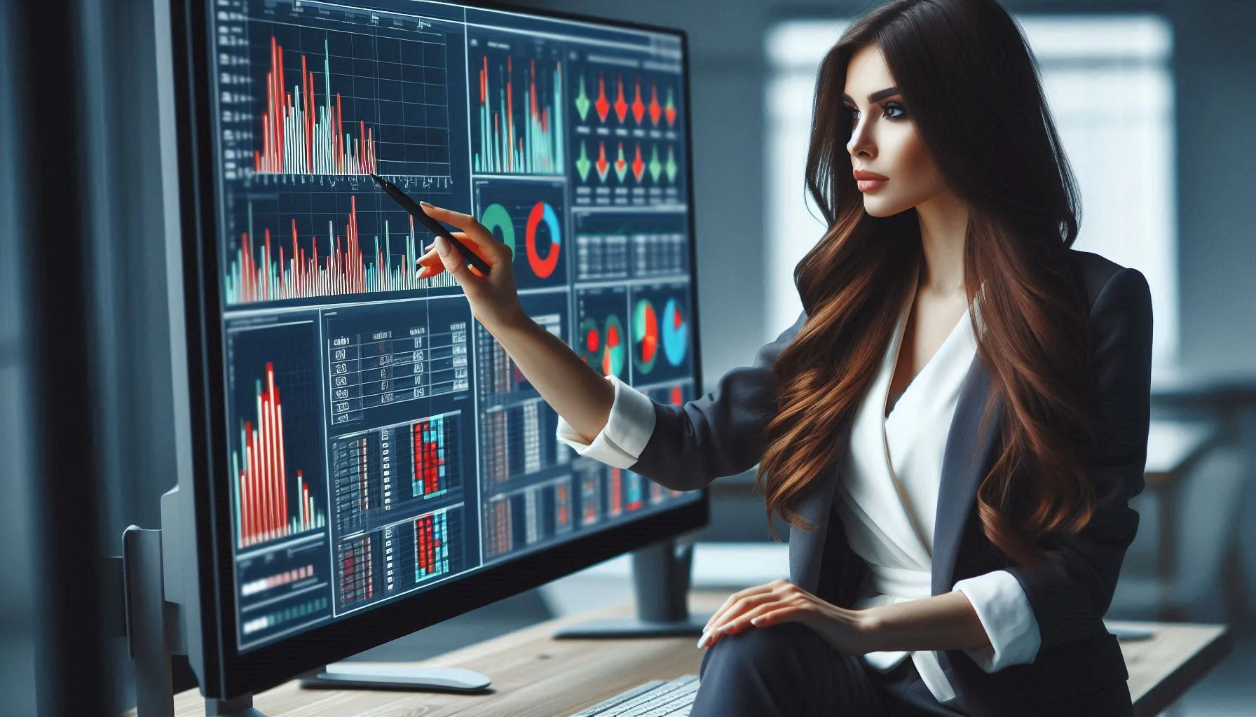 Брюнетка анализирует данные на экране, используя парсинг наличия товаров для мониторинга остатков конкурентов.