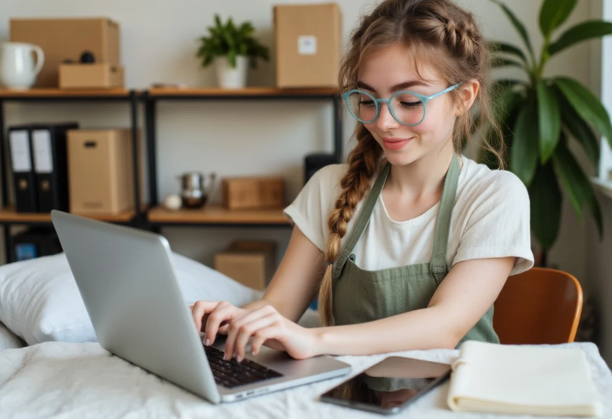 девушка брюнетка пишет сообщение клиенту за ноутбуком, контекст — как общаться с клиентами