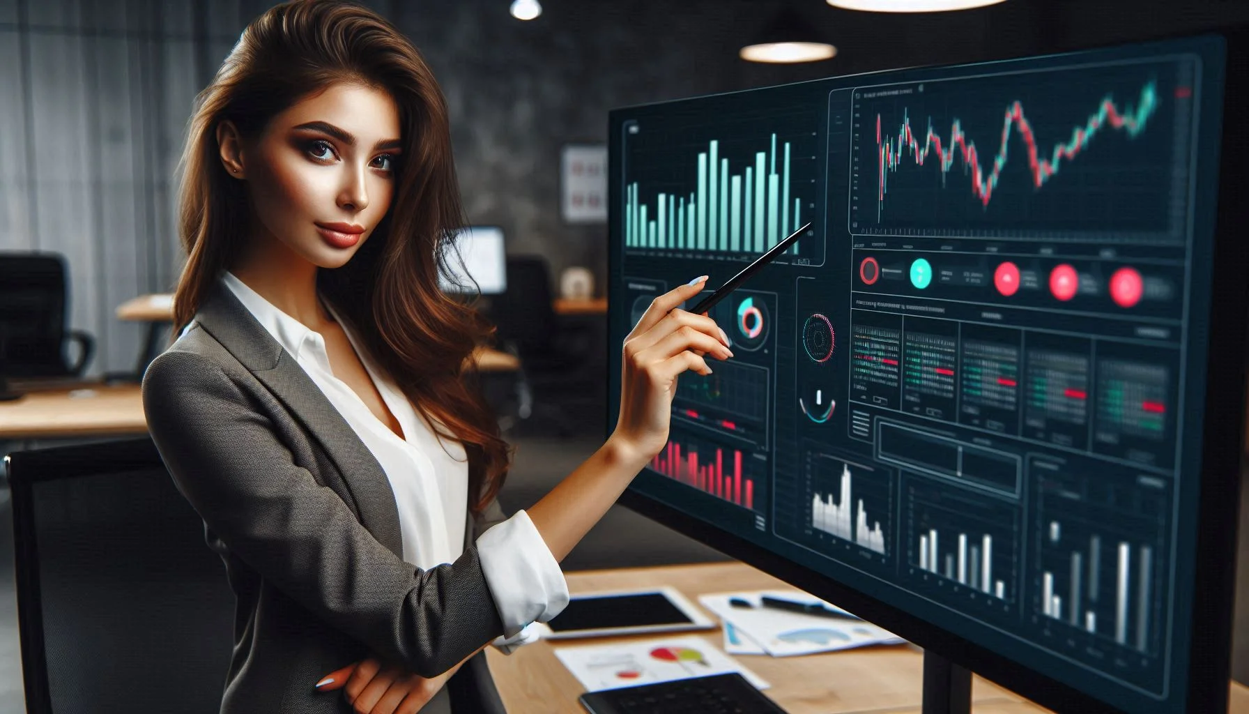 Красивая брюнетка анализирует данные, полученные с помощью парсинг Wildberries, на ноутбуке для бизнес-решений.