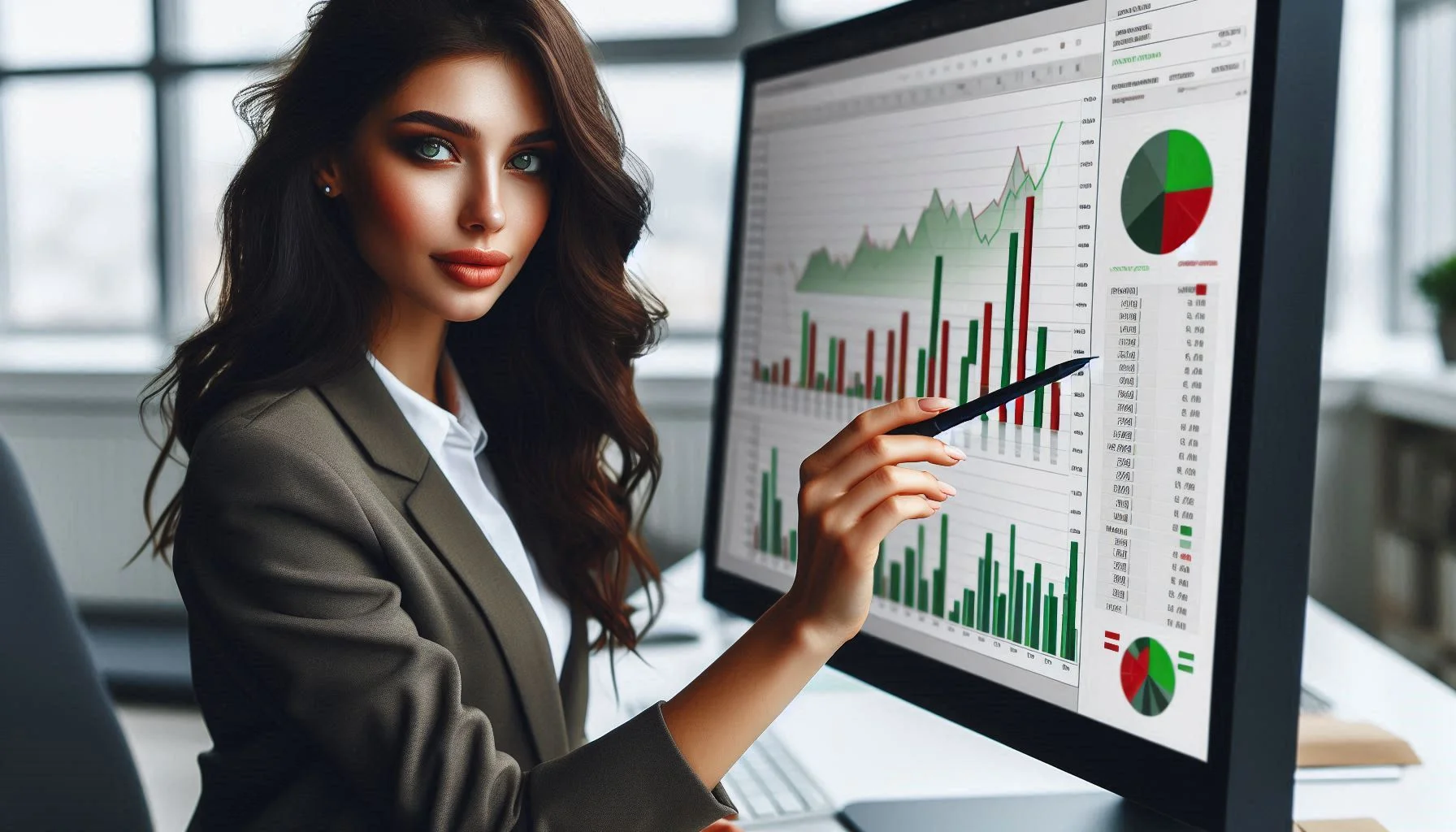 Красивая брюнетка использует визуальный инструмент для парсинга данных с интернет магазина, выбирая поля для сбора информации.