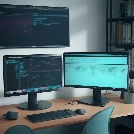 Рабочее место специалиста, изучающего Machine learning курсы с визуализацией нейронных сетей на мониторе