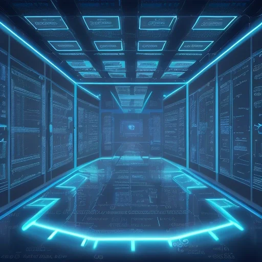 Схематичное изображение Postgresql индексы в виде светящегося дерева данных в современном серверном центре