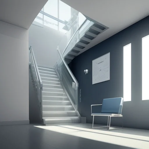 3D-визуализация концепции Примеры профессиональных целей в виде светящейся лестницы успеха в современном офисе