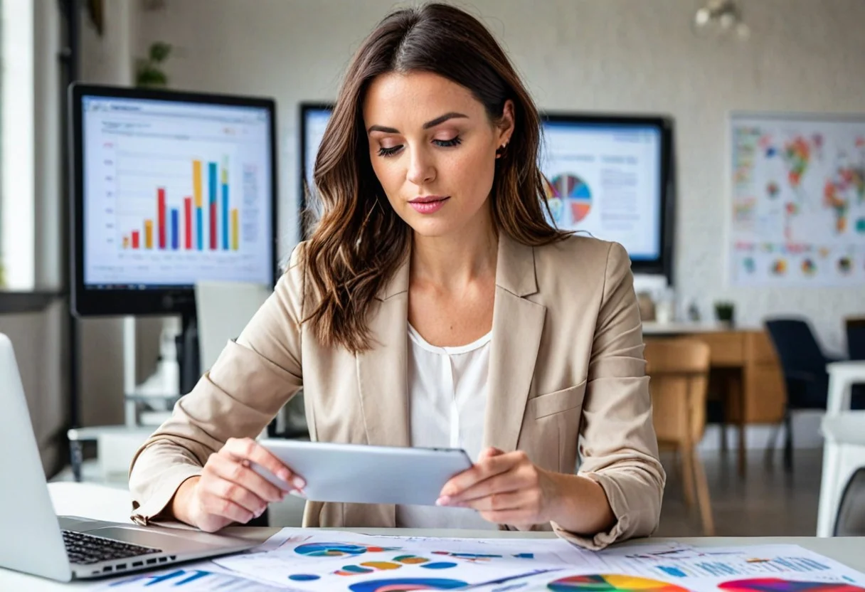 Женщина анализирует данные парсинг данных для маркетинга на планшете в офисе