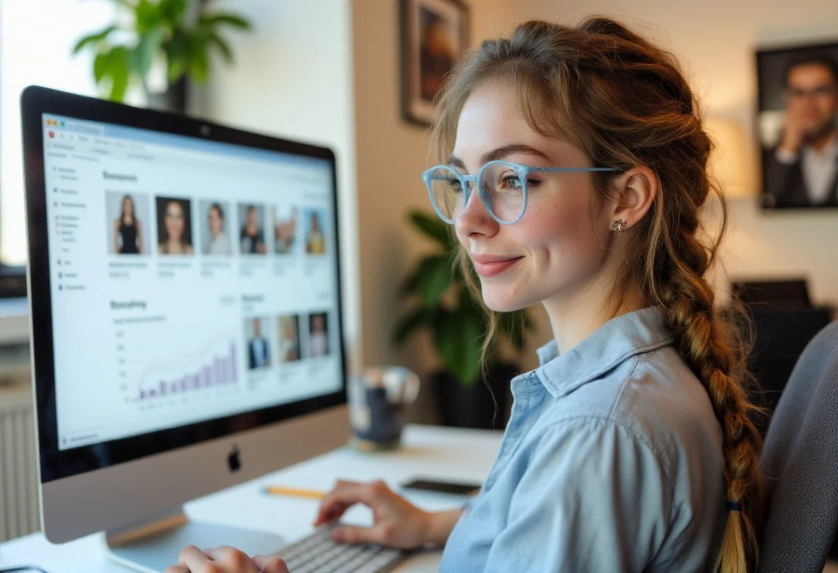 Женщина анализирует данные парсинг изображений товаров на экране компьютера