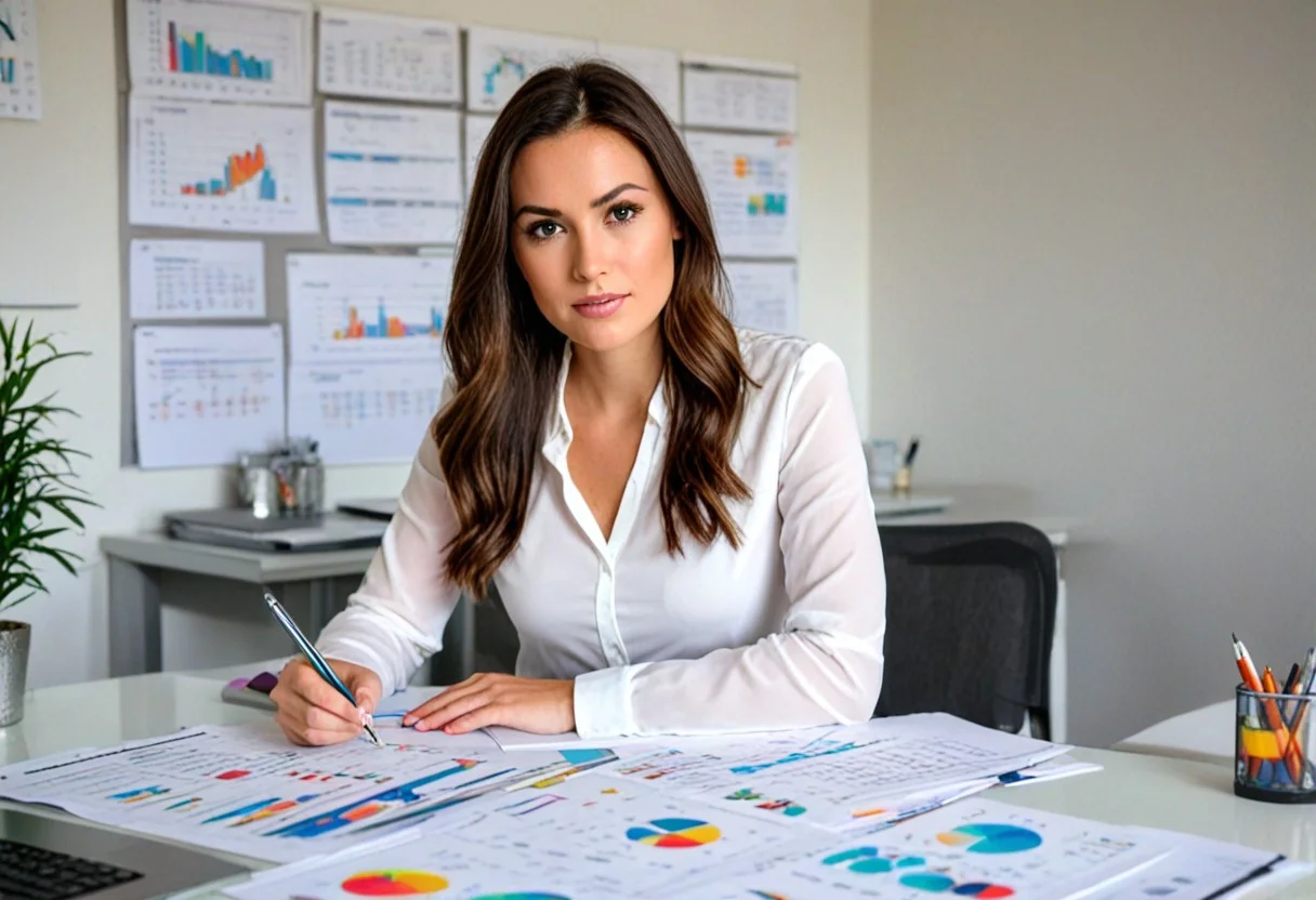 Женщина изучает план стратегия бренда для малого бизнеса с графиками на столе