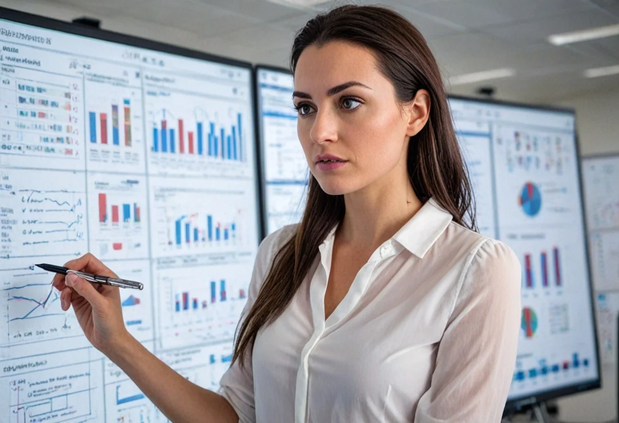 Женщина сравнивает графики разных методы парсинга данных на рабочем месте