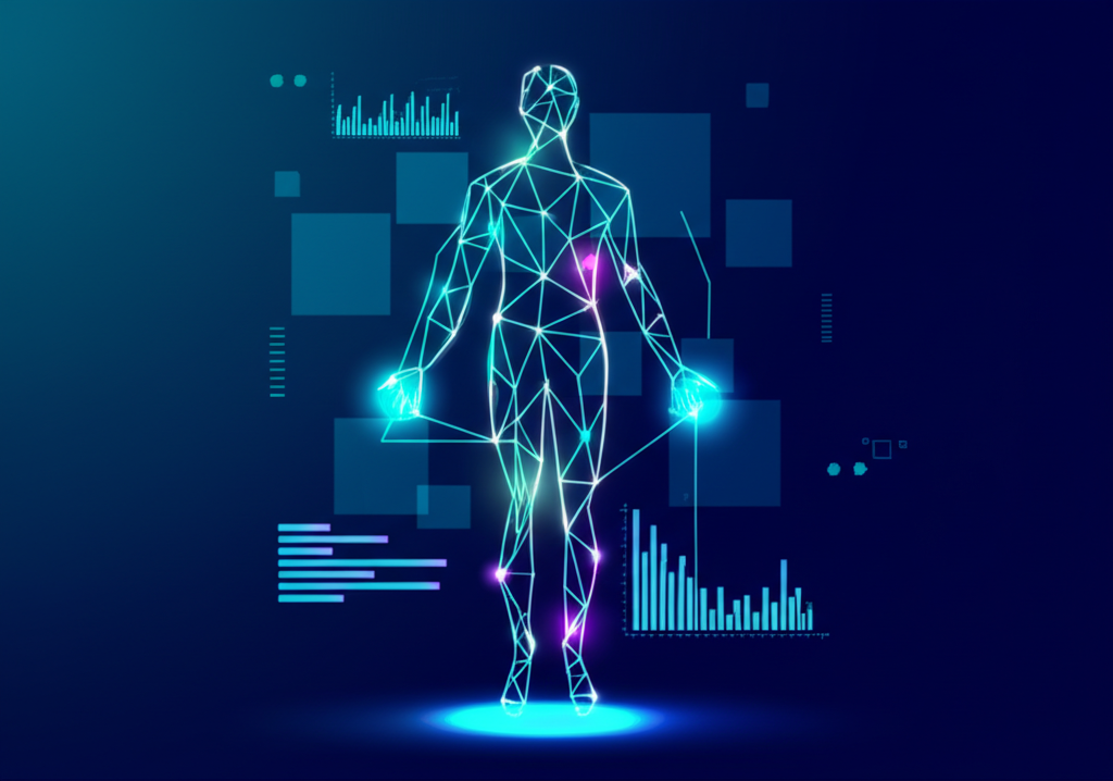 Абстрактное изображение, где цифровые потоки данных формируют силуэт человека, иллюстрируя концепцию человек датасет.