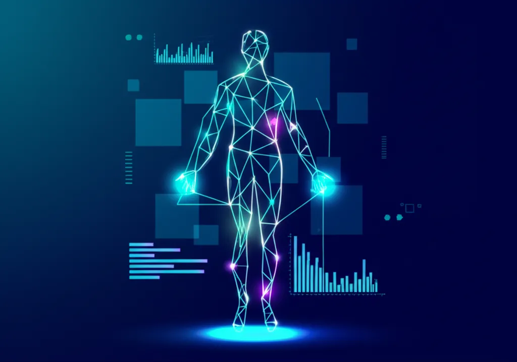 Абстрактное изображение, где цифровые потоки данных формируют силуэт человека, иллюстрируя концепцию человек датасет.