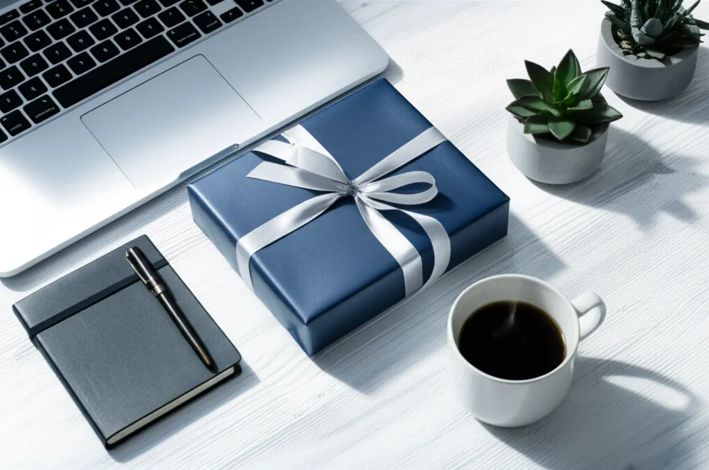 Профессионально оформленный стол, на котором показано, что можно подарить клиентам для укрепления деловых отношений.