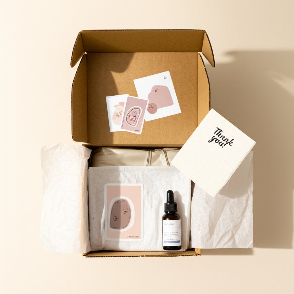 Пример того, что можно положить в подарок к заказу: брендированные стикеры, пробники и открытка в коробке