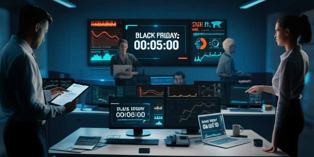 Команда обсуждает, что ритейлеры должны сделать до Черной пятницы Киберпонедельника, анализируя графики в командном центре.