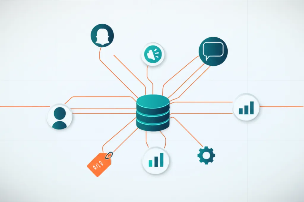 Инфографика, объясняющая, что такое CRM: центральный узел, связанный с иконками клиентов, продаж и аналитики.