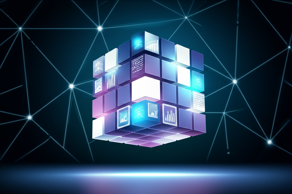 Абстрактная визуализация, раскрывающая смысл слова датасет в виде структурированного куба данных.