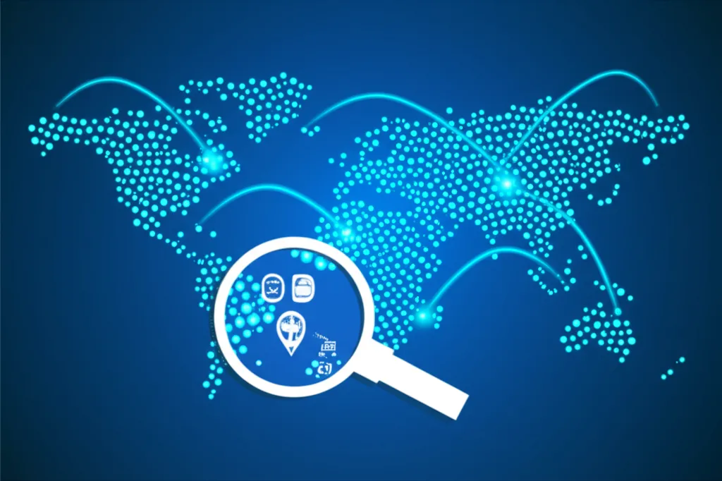 Визуализация процесса: Геопарсинг, POI, местоположения, карты (Geo scraping) на цифровой карте мира.