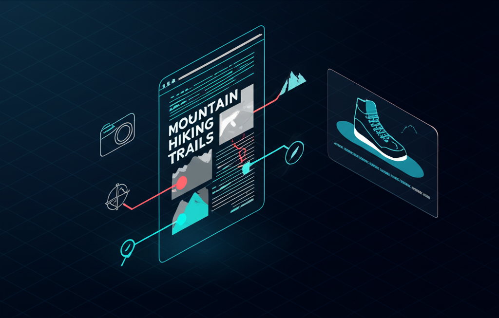 Схематическая иллюстрация, которая объясняет что такое контекстный таргетинг: анализ контента страницы и показ релевантной рекламы.