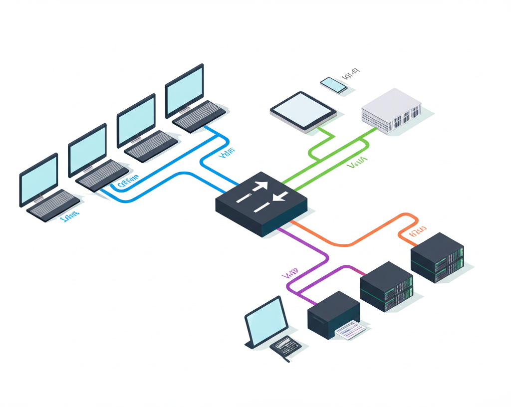 Схематичное изображение, объясняющее, что такое локальная сеть и VLAN, с разделением устройств на логические группы.