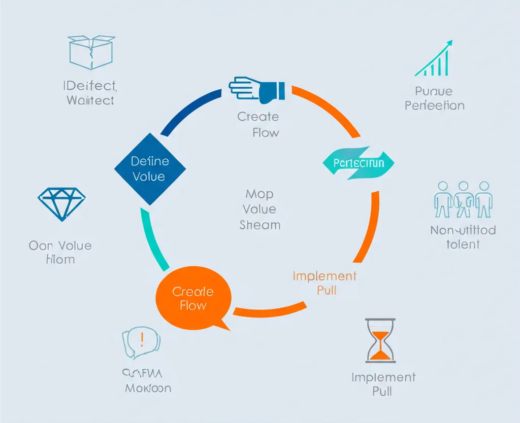 Инфографика, которая объясняет, что такое методология бережливого управления проектами, с иконками ключевых принципов и потерь.