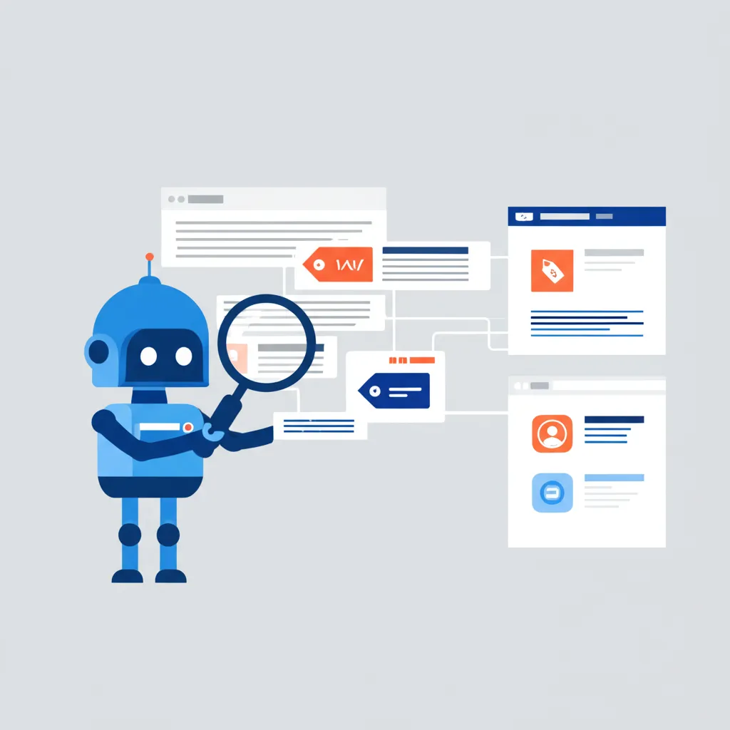 Иллюстрация, объясняющая что такое парсер простыми словами, с изображением робота, собирающего данные с веб-страниц.