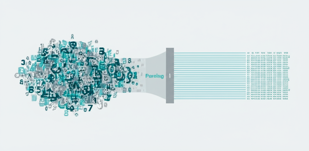 Визуализация процесса, объясняющая, что такое парсинг данных в машинном обучении: от хаоса к структурированной информации для анализа.