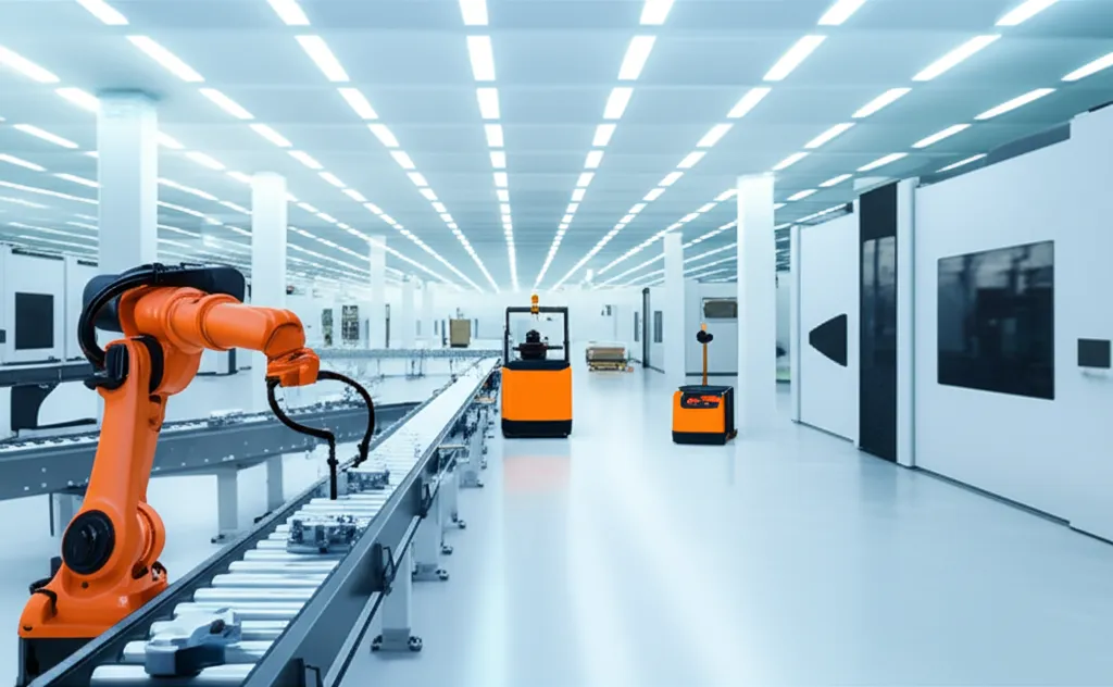 Визуализация, объясняющая, что такое производственная логистика компании на примере современного автоматизированного предприятия.